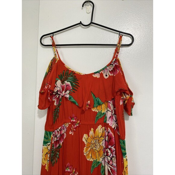 Old Navy Cold Shoulder Midi Dress Size L Orange Floral Print Ruffle Adjustable - Picture 3 of 12